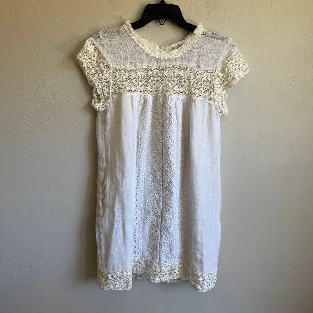 Sea New York White Linen Cotton Gauze Babydoll Dress Womens 2 Coastal Lace Trim